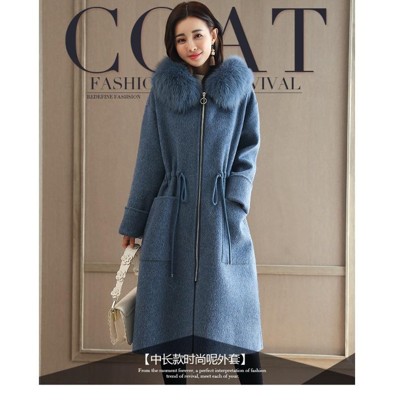 

Новое осенне-зимнее утолщенное шерстяное женское пальто, удлиненное пальто с качественным меховым воротником S синий