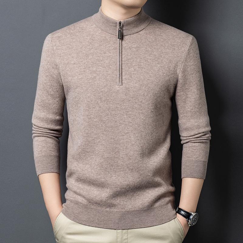 Men's 100% Pure Wool Half-Zip Thickened Sweater, High-End Solid Color Knitwear for Autumn/Winter