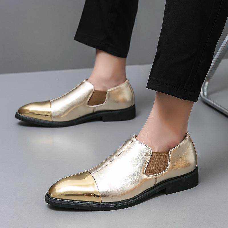 Men's Gold Leather Pointed Toe Chelsea Boots - Slip-on, Large Size, Spring/Autumn