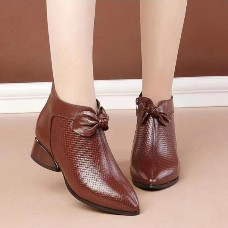 Pointed Toe Heeled Pumps Women's Pu Leather Bow Knot Shallow Mouth Zipper Thick Heel Shoes Women Shoes Chaussures Femme