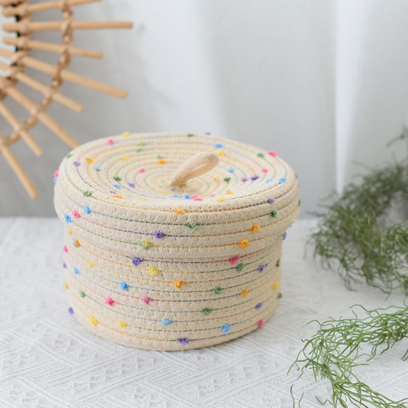 Pack of 2 Sturdy Cotton Rope Storage Baskets With Lid for Organizing Rope Keys and Toy In Elegant Color Designs