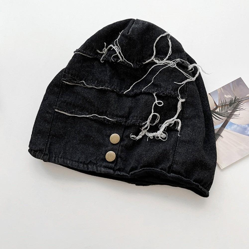 Button Distress Denim Pullover Cap Korean Style Loose Beret Fashion Washed Denim Beanie  Streetwear