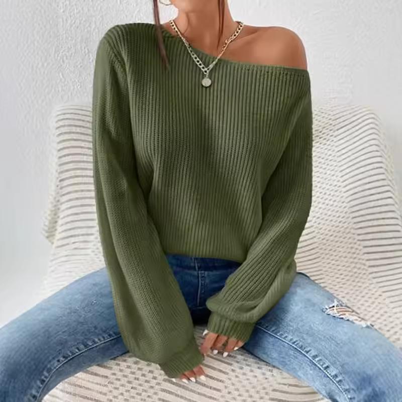 Autumn/Winter Style Unique Off-The-Shoulder Pullover Knit Solid Color Loose Fit Casual Versatile Pullover One-Row Collar