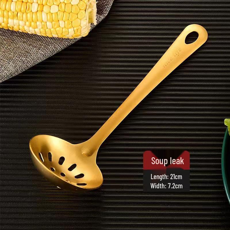 Korean Style Gold-Plated Stainless Steel Kitchen Utensil Set: Non-Magnetic Ladle, Slotted Spoon, and Frying Spatula.