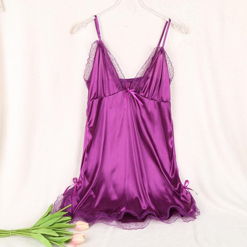 Women Silk Lace Nightgown V-Neck Spaghetti Straps Nightdress Sleepwear
