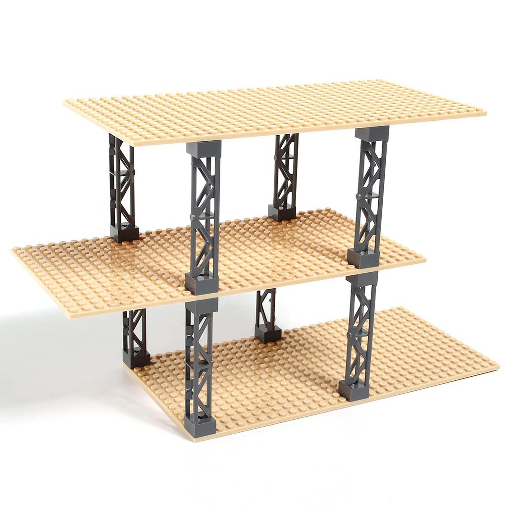 INIBUD Classic Compatible Foundation Block with Set of 3 Boards and 12 Posts Plate, 16x32mm, Double-Sided, Posts, (Beige)