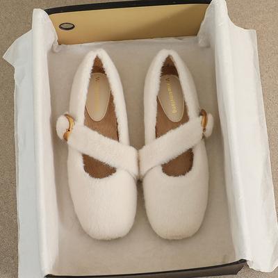 Fashion 2024 Winter Women’s Plush Flat Shoes Korean Style Belt Buckle Career Women Office Wear Mary Jane Ladies Casual Boat Shoes 41-43