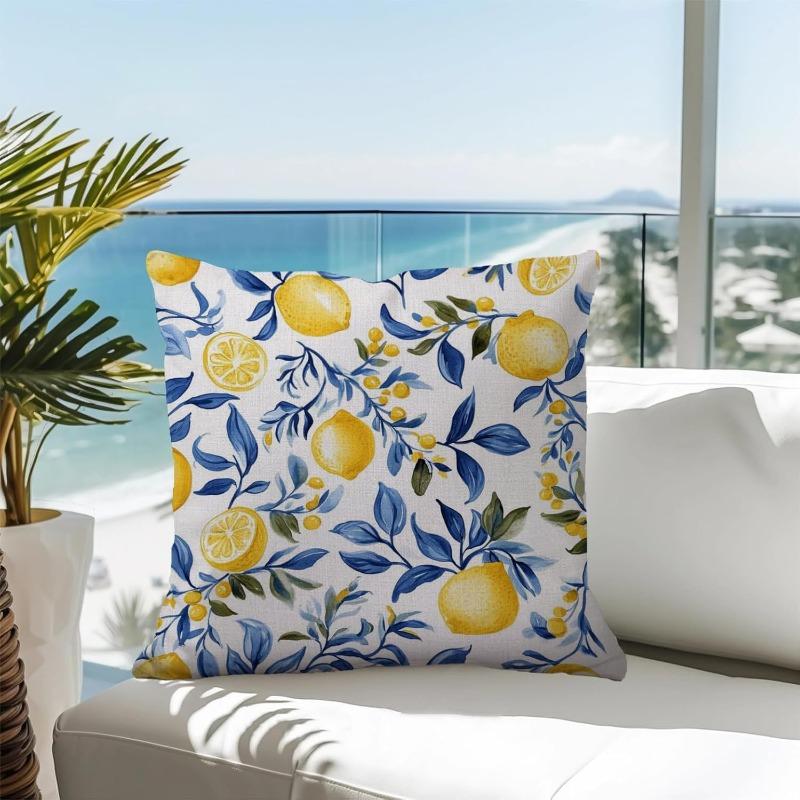 1Pc Watercolor Lemon Blue Leaf Print Throw Pillow Cover,Suitable For Sofa,Bedroom,Living Room,A Fresh Gift For Home Decor Lovers