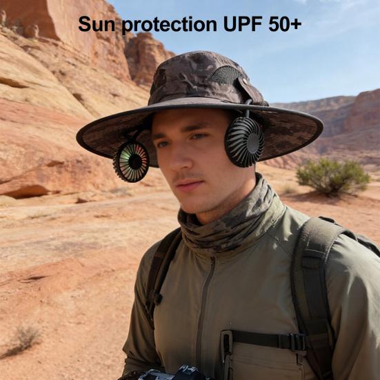 Chapeau Bob Double Ventilateur 2-en-1 Casquette Rafraîchissante avec Ventilateurs Amovibles Rechargeables par USB Pales Phosphorescentes Vitesse Réglable Chapeau de Soleil à Large Bord