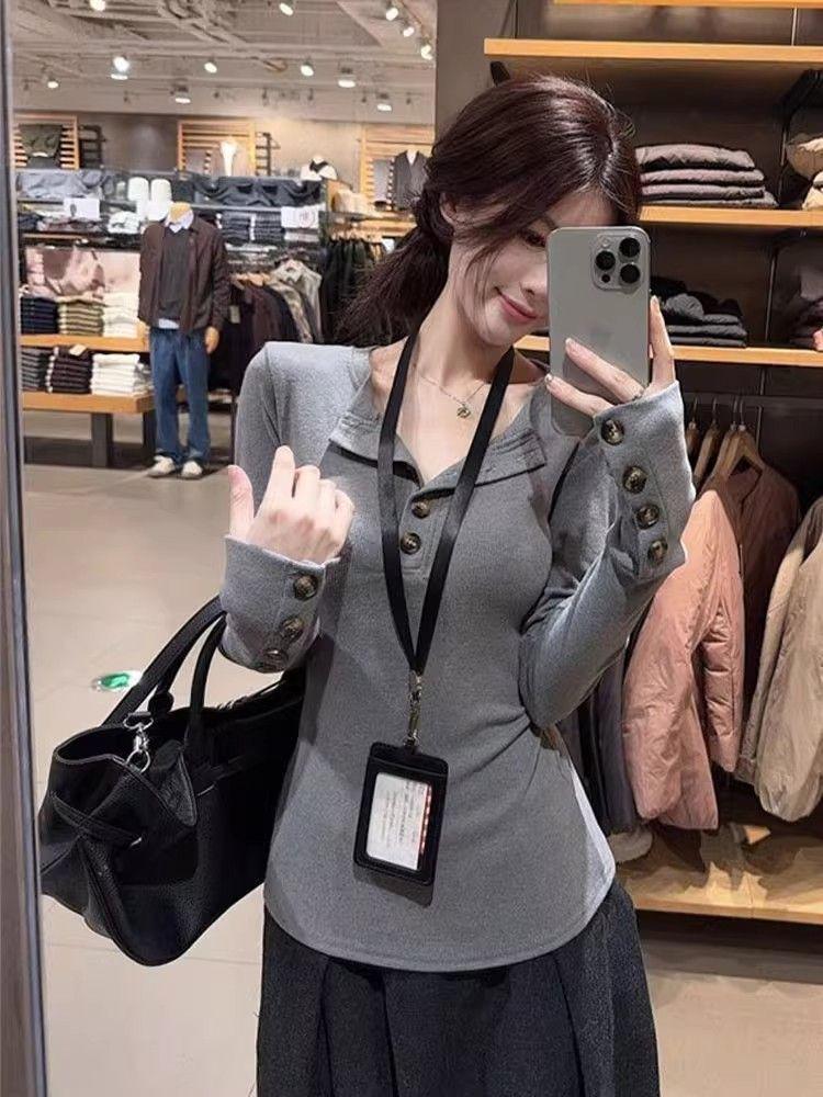 Guzikowy Top z Długim Rękawem, Dopasowany, w Koreańskim Stylu