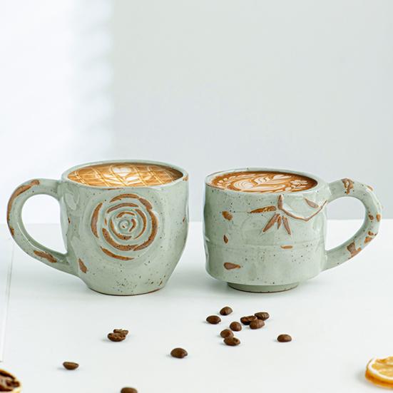 Ceramic Coffee Cup Handmade Rose Bamboo Leaf Embossed Pattern Mug 290ml Rustic Textured Mug Microwave Oven Safe Stackable Gift for Coffee Lovers