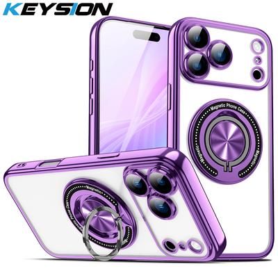 KEYSION Plating Transparent TPU Magnetic Case for MagSafe for iPhone 16 17 Pro Max 17 Air PC Ring Stand Lens Protect Phone Cover