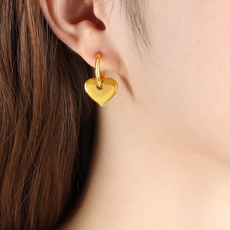 Punk Style 3D Shiny Peach Heart Earrings: Titanium Steel & Real Gold Creative Jewelry.