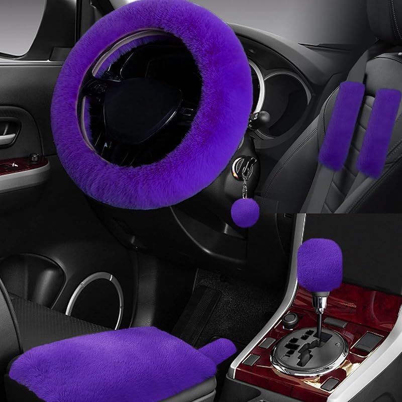 7PCS Set Car Interior Aesthetic Accessories, Fluffy 15 Inch Steering Wheel Cover, Armrest Pad, Seat Belt Cover,Gear Shift Cover, Fit Girly Car