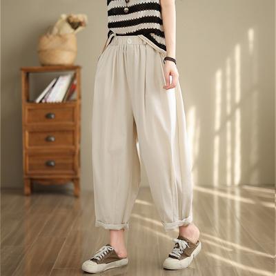 2025 Summer New Solid Color Casual Harlan Pants Women's Loose Literary Elastic Waist Cotton and Linen Nine-point Radish Pants