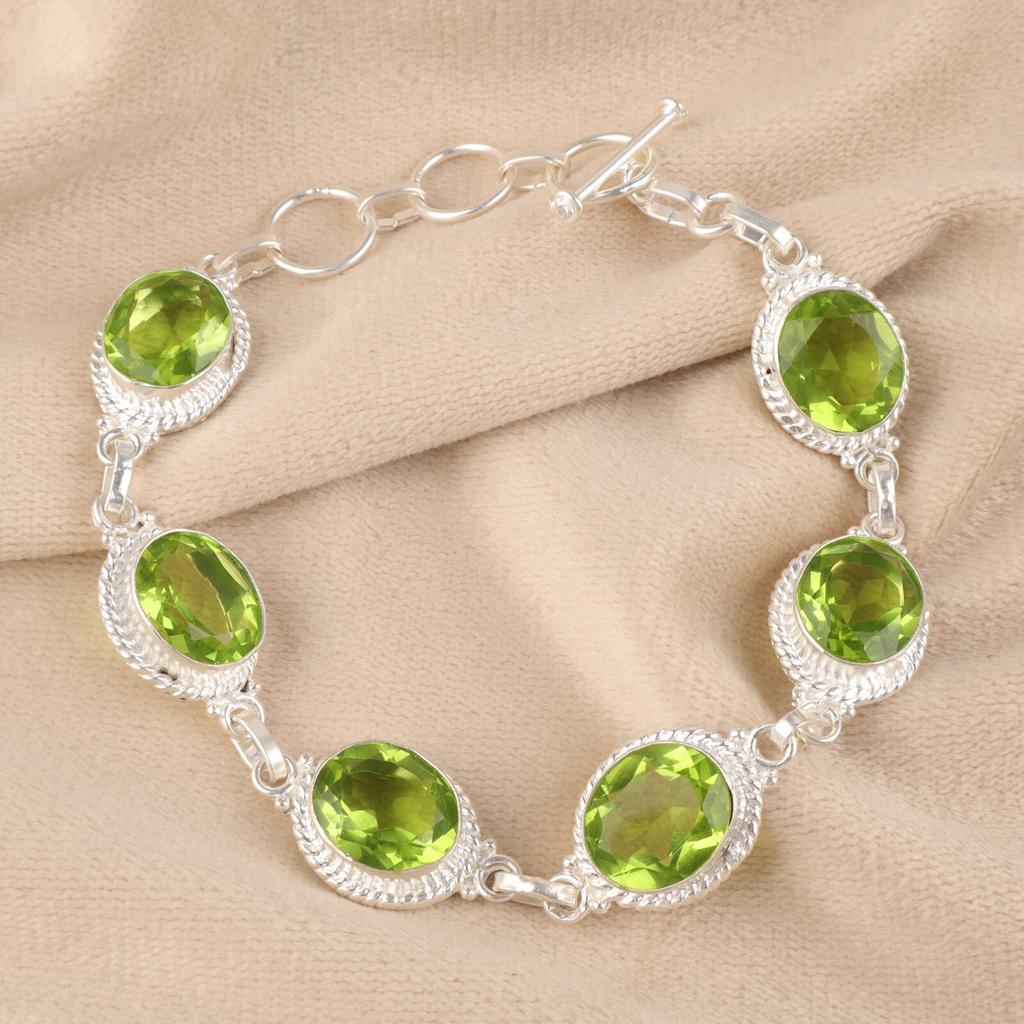 Peridot Gemstone 925 Stamped Silver Jewelry Handmade Bracelet 8.5" Gift For Wife RB-2-7