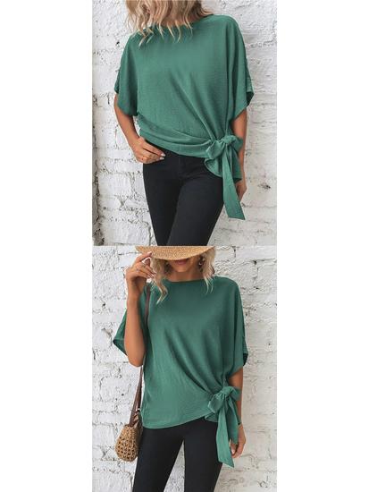 Summer Women's Solid Color Batwing Sleeve Knot Hem Loose T-shirt
