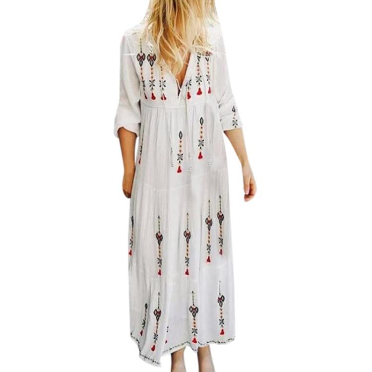 Damenmode Retro V-Ausschnitt Locker Langarm Maxi-Kleid mit Druck