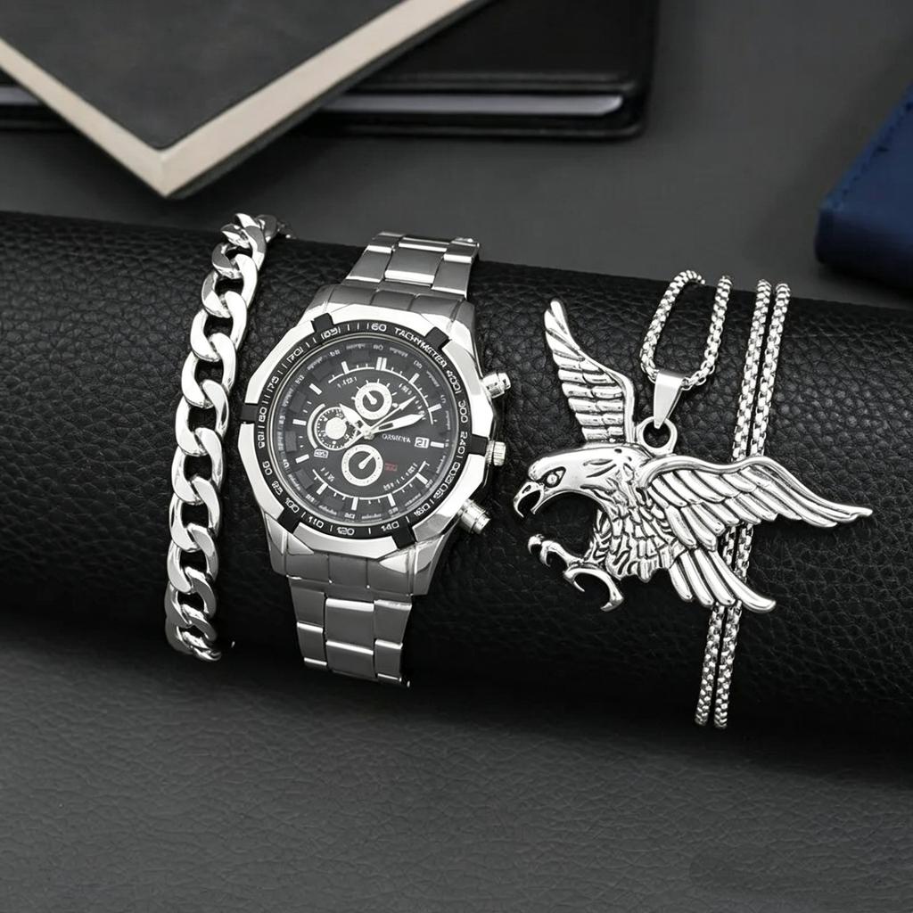 Men'S Steel Strap Watch Men'S Jewelry Set Fashion Three-Eye Calendar Quartz Watch Trend Eagle Pendant Necklace Bracelet