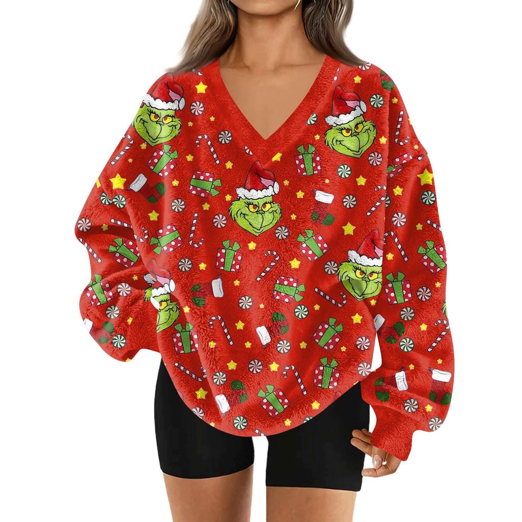 Women's Fashionable V-neck Christmas Printed Long Sleeved Casual Pullover Plush Warm Pocket Sweatshirt Top