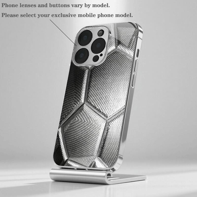 Premium electroplated glass phone case for iPhone 17 16 15 14 13 12 11pm Pro Plus. New metallic soccer ball texture.