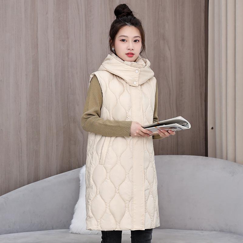 Autumn and Winter Women's Solid Color Vest Hooded Loose Long Windproof Warm Sleeveless Women's Jacket