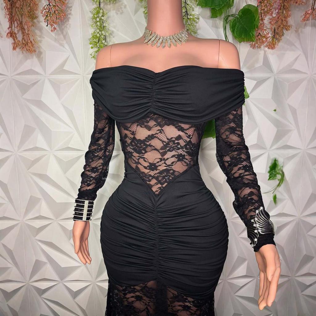 Summer New European and American Off-shoulder Lace Cutout Dress with Waist and Hip Support