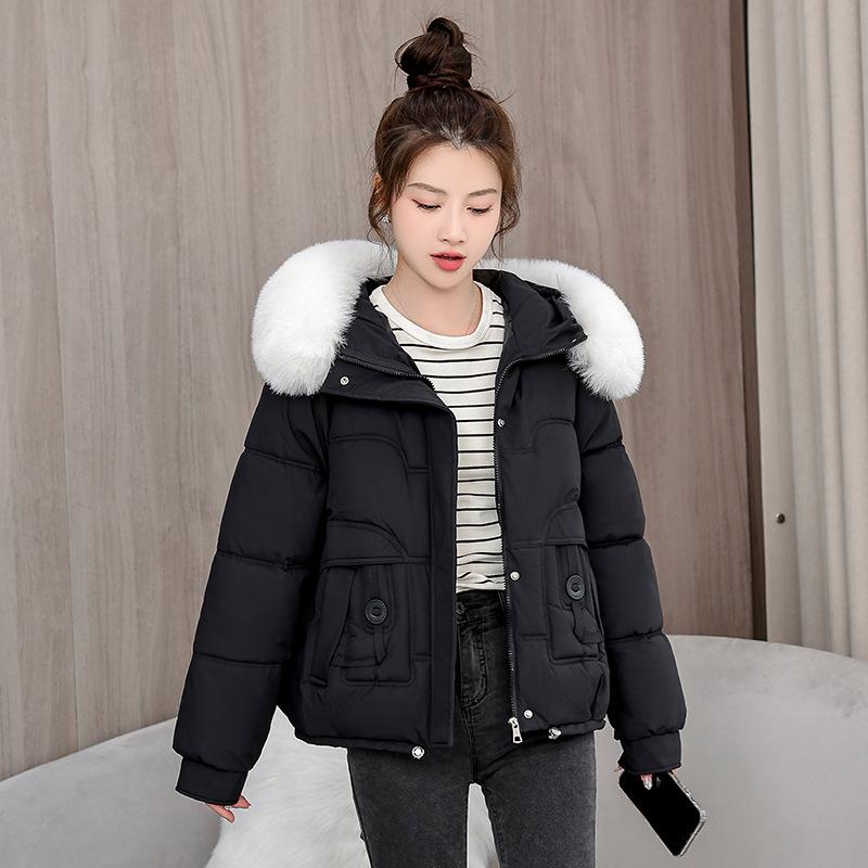 

2025 новая зимняя утолщенная куртка-пуховик, куртка с большим меховым воротником и капюшоном, короткая хлопковая куртка, приталенное свободное хлопковое пальто M чёрный