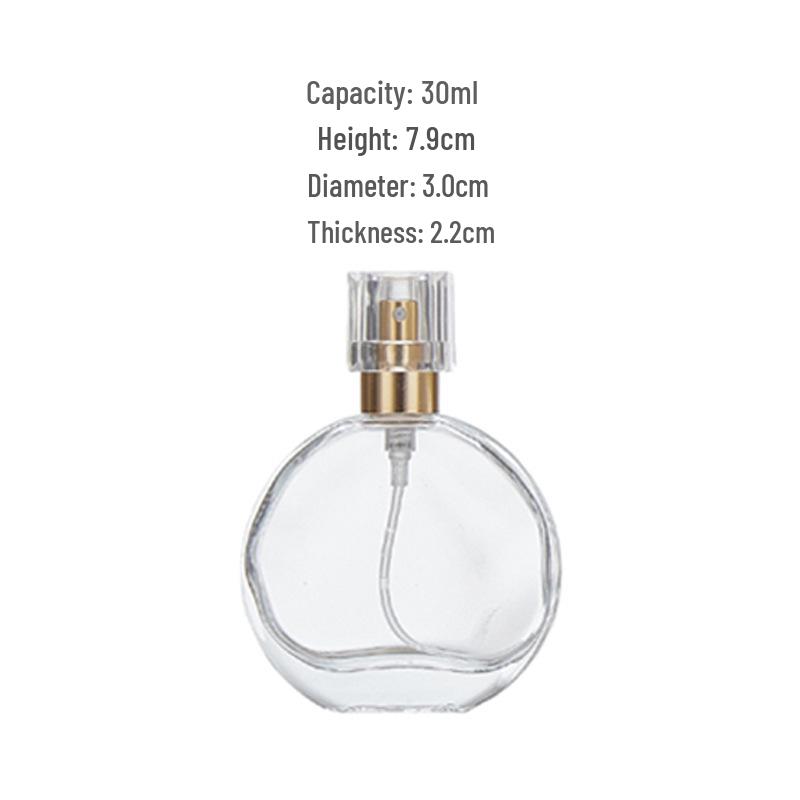 High-End Transparent Glass Perfume Bottle, Flat Round Bayonet, 30-50ml Press Spray