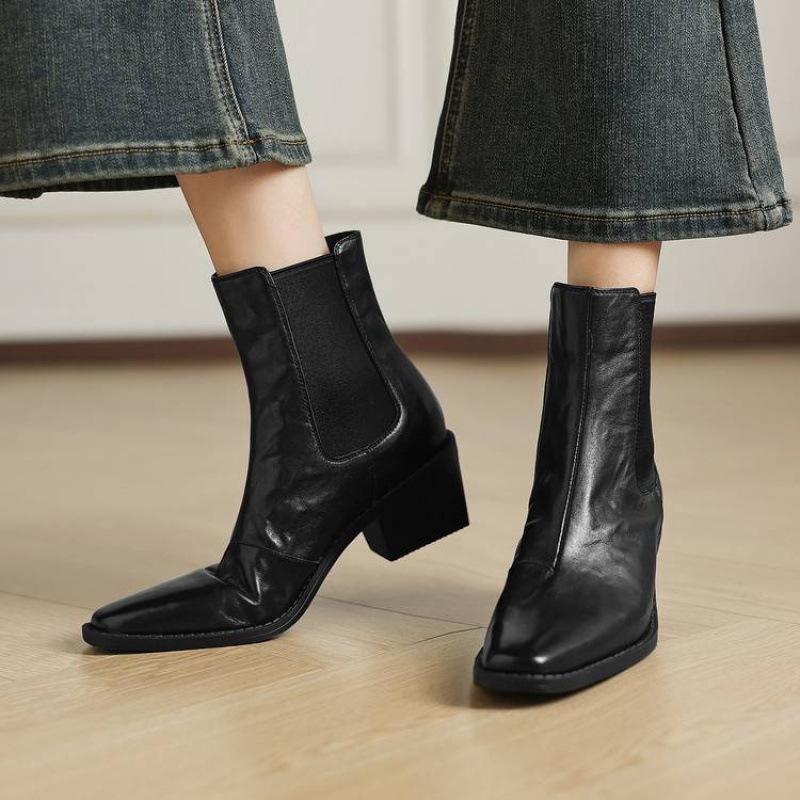 Neue Damen-Lederstiefel Leder große Größe mittlerer Absatz Damenstiefel Gummisohle Schaft Herbst und Winter Rindsleder vielseitig spitz kurze Stiefel