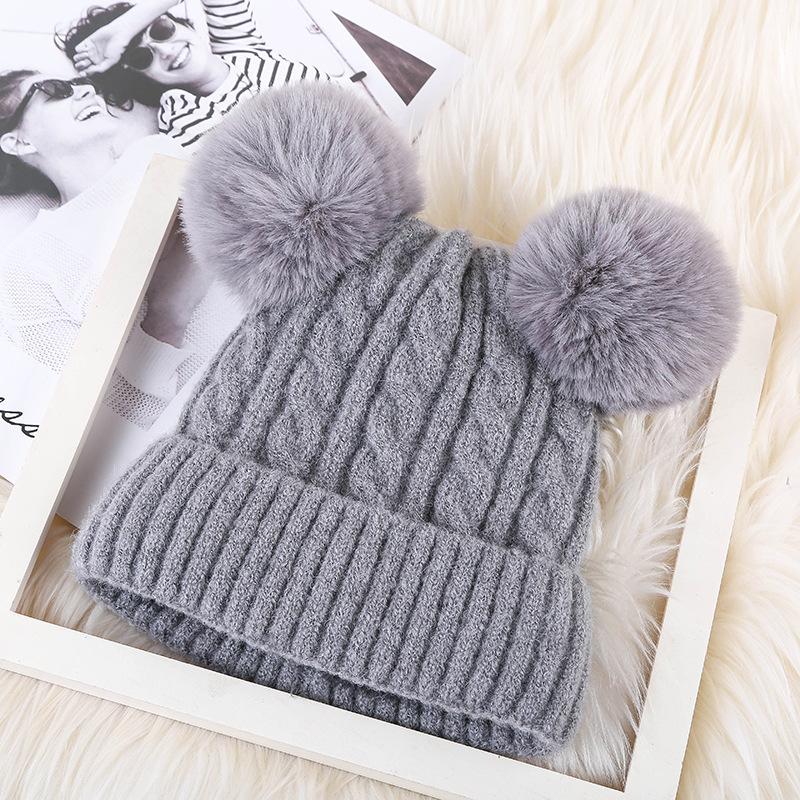 Winter Double Fur Ball Woolen Hat for Women Korean Style Solid Color Cute Fashionable Cold Proof Hat Warm Knitted Hat