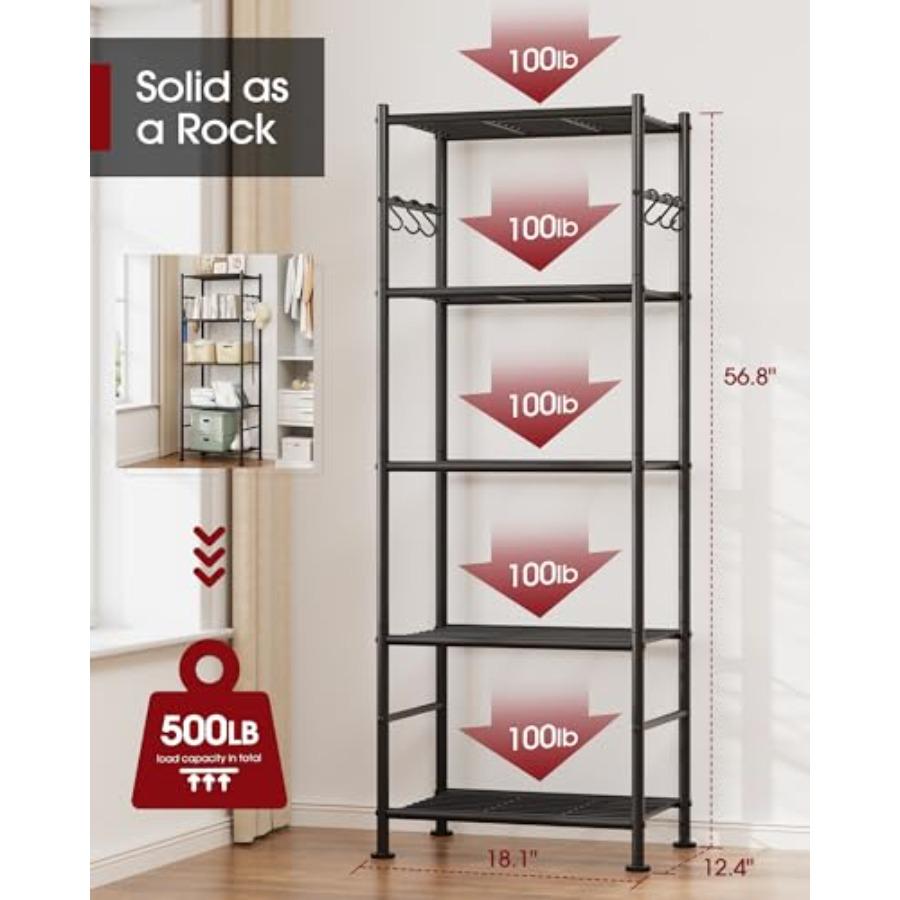 Storage Shelves - 5-Tier Large Ccity Shelf Organizer with Hooks Heavy-Duty Garage Shelving with Leveling Feet Wobble-Free Rack