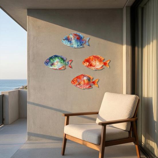 4 Pièces Décoration Murale Poisson en Bois, Art Aquarelle Animal Marin avec 4 Styles Vibrants, Ornement Maison Effet Peint à la Main pour Murs