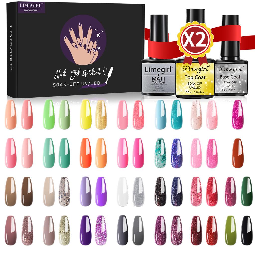 8ml Nail Gel Polish Kit 60pcs Full Set Box Glossy Long-lasting UV Gel Base Top Coat