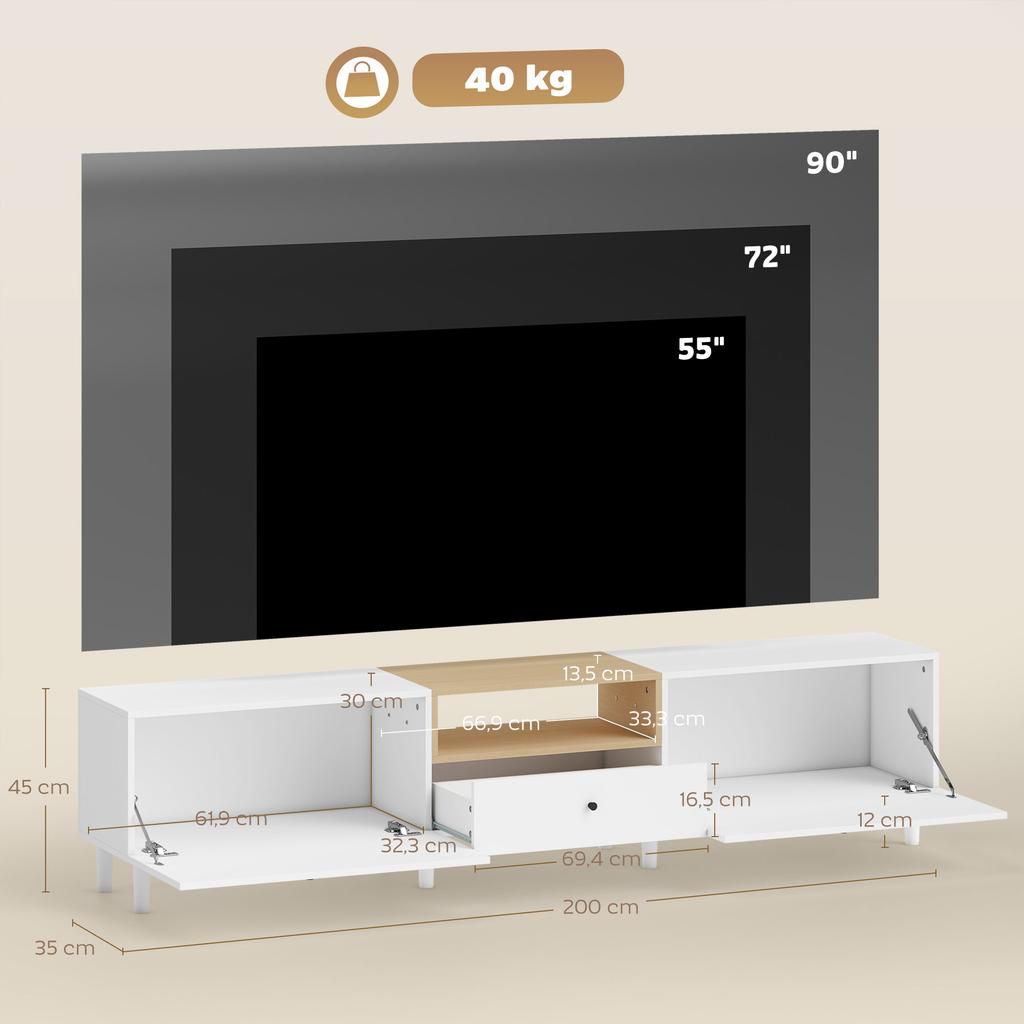 200 Cm TV Cabinet for TVs Up To 90 Inches, 2 Cabinet Compartments, Open Shelf, Drawer, 8 Legs, Chipboard, White