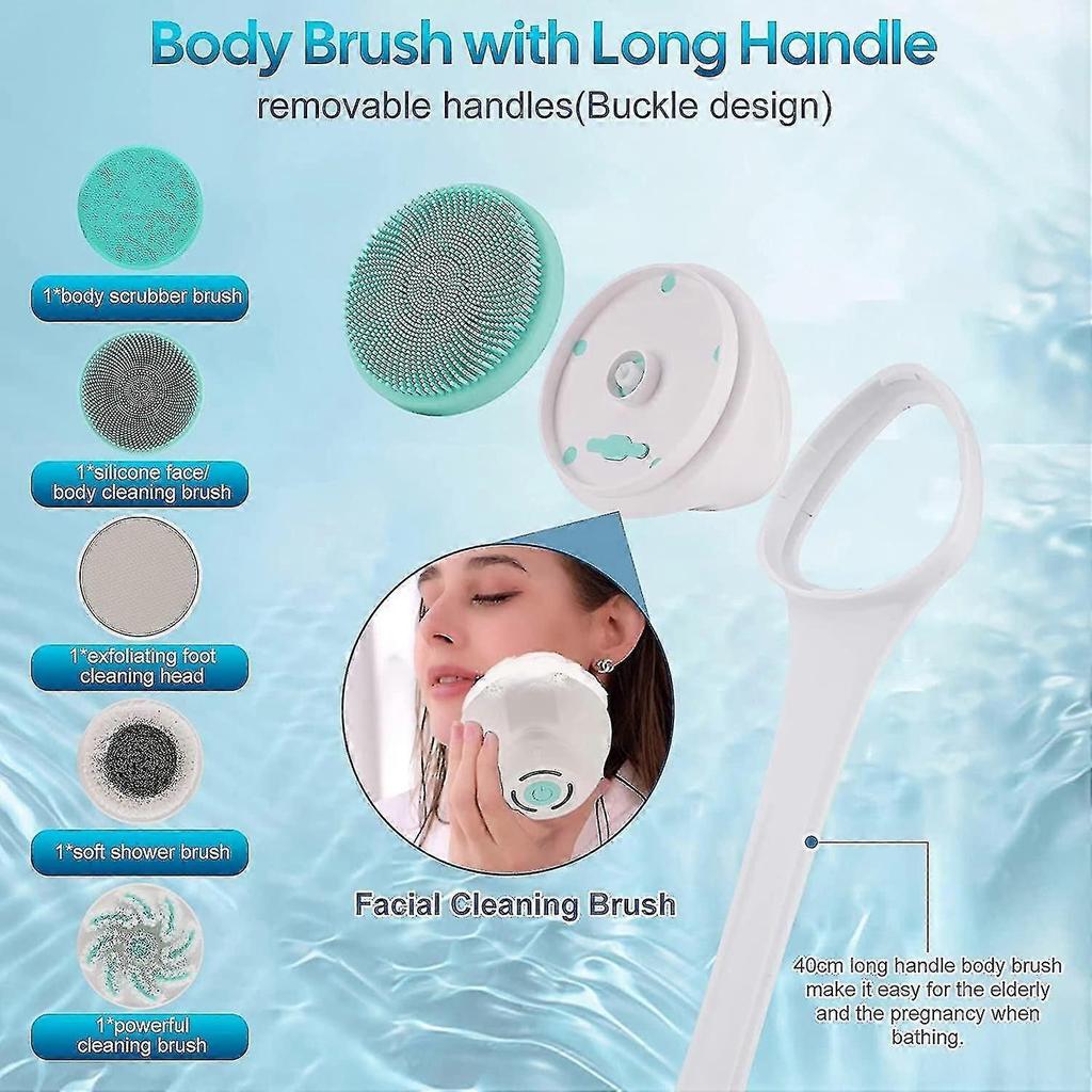 Electric Body Brush Shower Massager, Body Exfoliating Scrubber With Long Handle 5 Multi-purpose Cleansing Heads