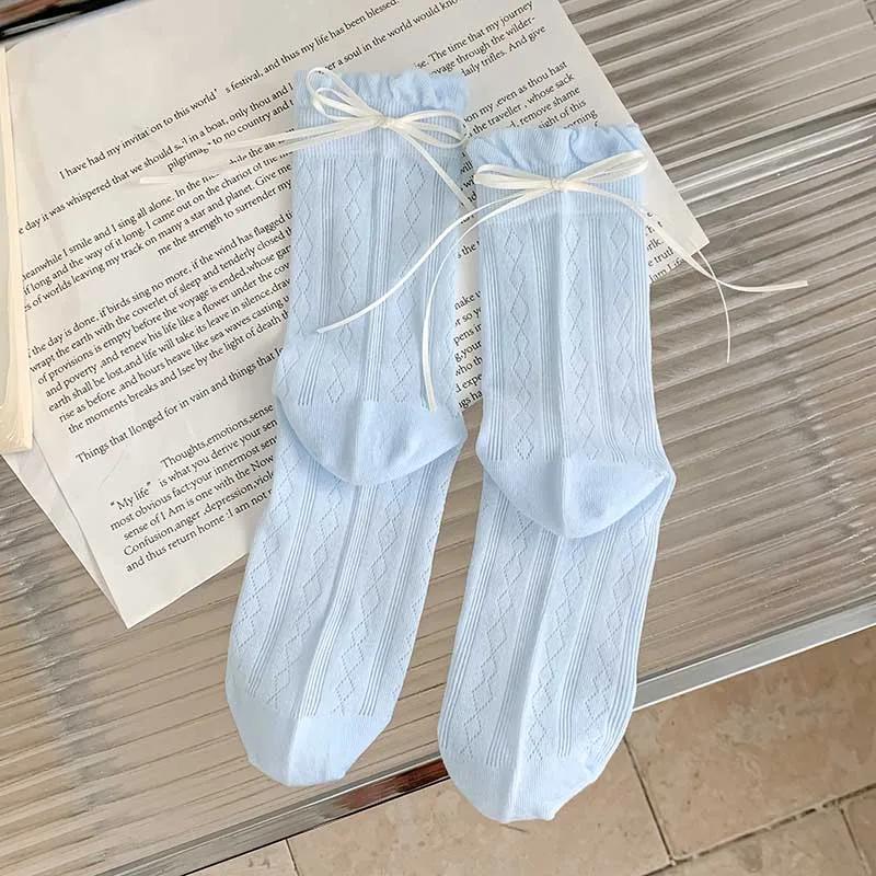 Socks For Women Korean Style New Solid Color Sweet Lolita Thin Socks Cute Breathable Bow Japanese Fashion Long Socks Female Mesh