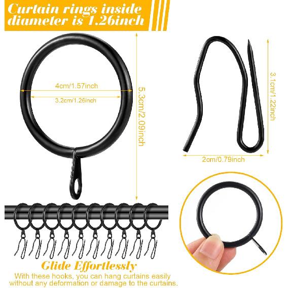 24 Pcs Metal Curtain Rings with 24 Pcs Pin Hooks,1.26in(32mm) Diameter Shower Curtain Rings for Home Window Shower