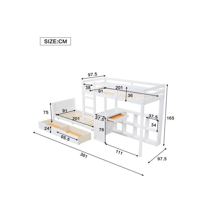 Lit Superposé - MUVOE - 90x200cm - Blanc - Bureau Intégré - 2 Tiroirs De Rangement