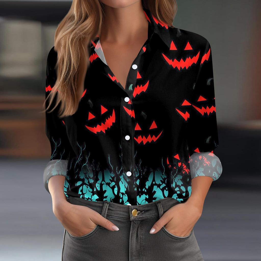 Damen Hemd Bluse Halloween Print Knopf Langarm Lässig Basic Hemdkragen Regulär Top