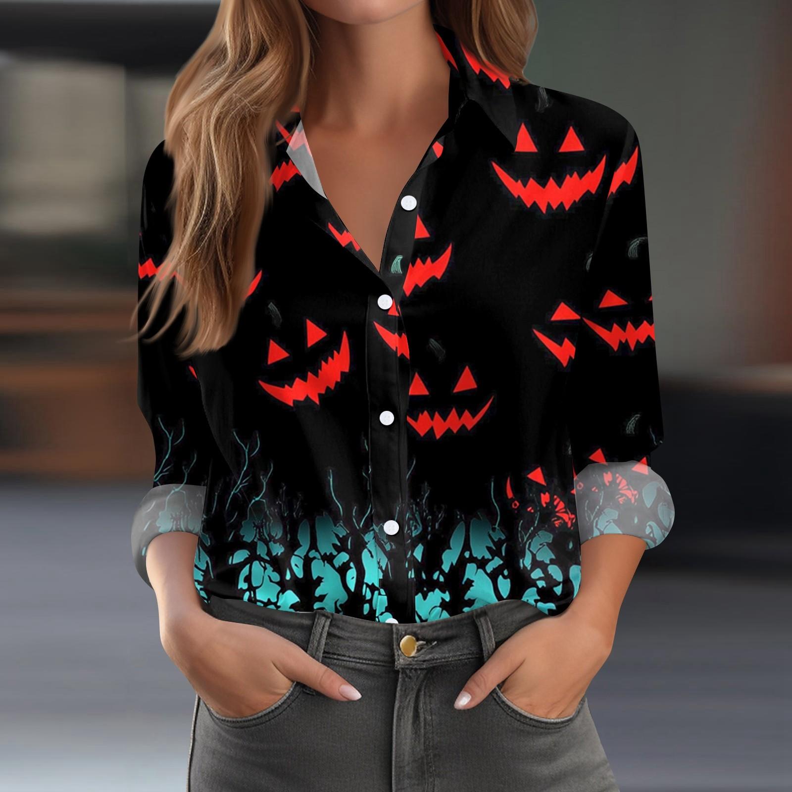 

Женская рубашка-блузка Хэллоуин с принтом на пуговицах с длинным рукавом Повседневная базовая рубашечный воротник Обычный топ XXL чёрный
