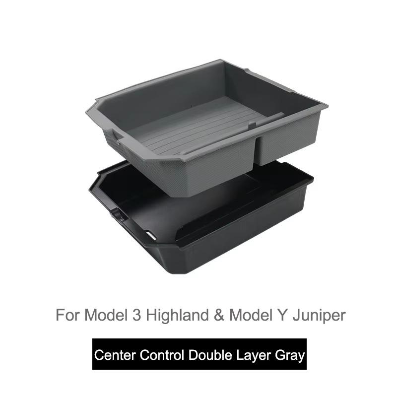 For Tesla Model Y Juniper Model 3 Highland Center Control Armrest Box Organizer Double Layer Box ABS+TPE Layered Storage Box