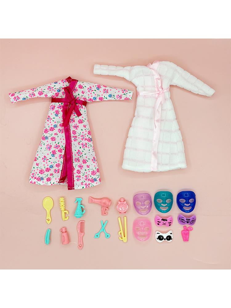 Handgefertigter Bademantel für 11,5 Zoll/30 cm Puppen Niedliche Mini-Artikel Gesichtsmasken-Haarschmuck-Set Miniaturspielzeug für Mädchen Spielset