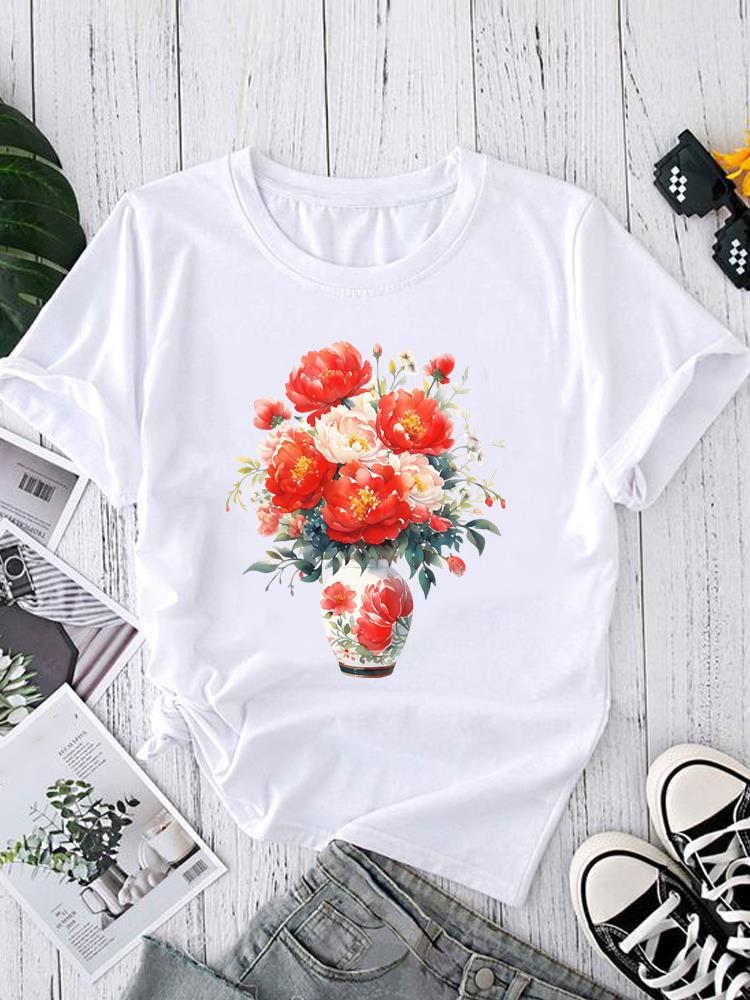 (Asian Size) sweet watercolor style  Short Sleeve T shirt Printed T-shirts O-neck Casual Clothing Fashion Female Women's Top  Graphic Tee