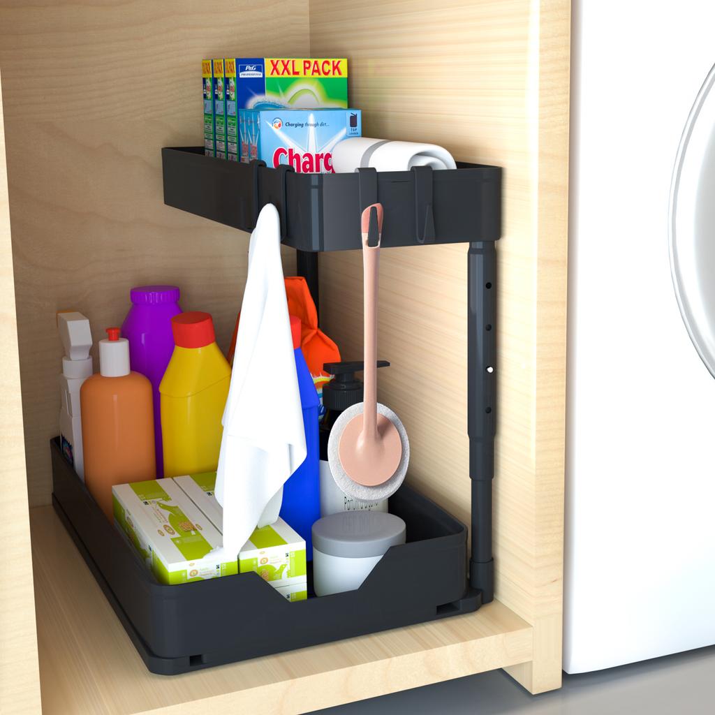 Adjustable Height Under Sink Organizers and Storage, Pull Out Cabinet Organizer 2 Tier Slide Out Shelf Under Cabinet Storage, Under Sink Organize