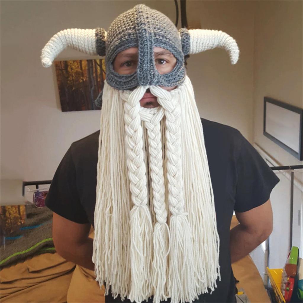 Novelty Devil Horn Beard Hat Knitted Pullover Hat for Outdoor Winter Warmth Adult Halloween Costume Roleplay Props Caps
