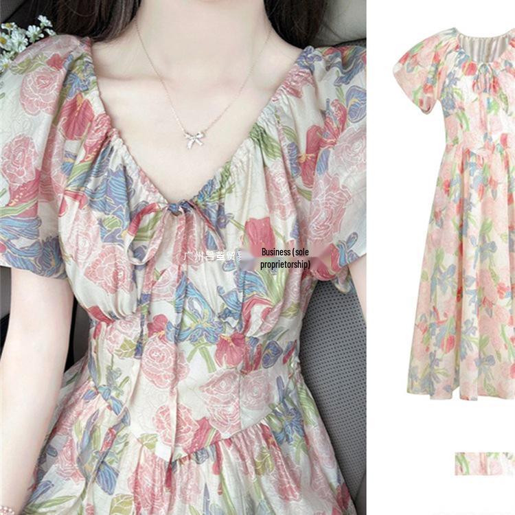 Women's Summer 2026 Elegant Floral Chiffon Maxi Dress - Petite Fit