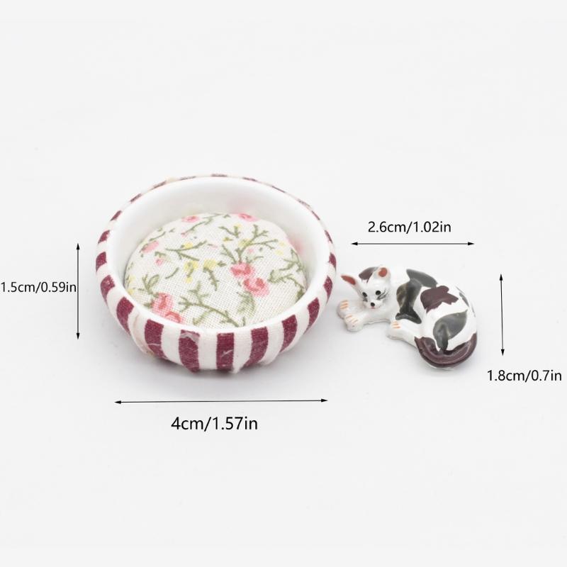 1/12 Doll House Miniature Cats Bed Set with Feeder Bowls for Enhanced Realistic Toy Collection Kids Pretend Play Activity