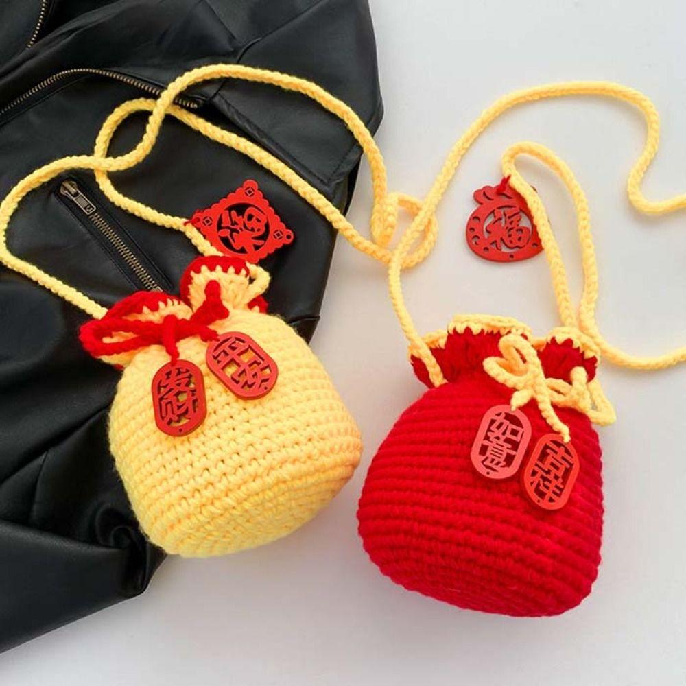 Kintted New Year Shoulder Bag Lace Up Lucky Crossbody Bag Kawaii Children's Messenger Bag Children