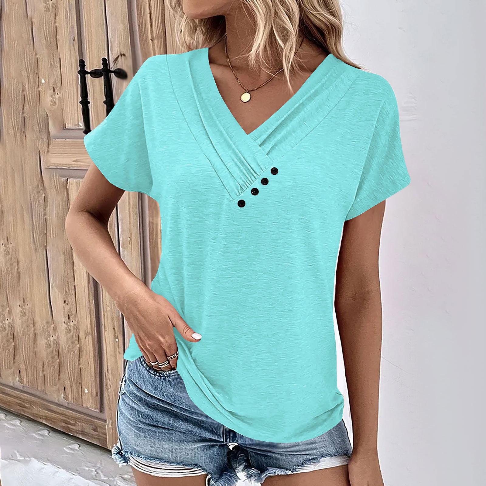

EastRogue Women s Fashion Casual Summer Spring Solid Color Print Short Sleeve V-Neck Blouses & Shirts S бирюзовый